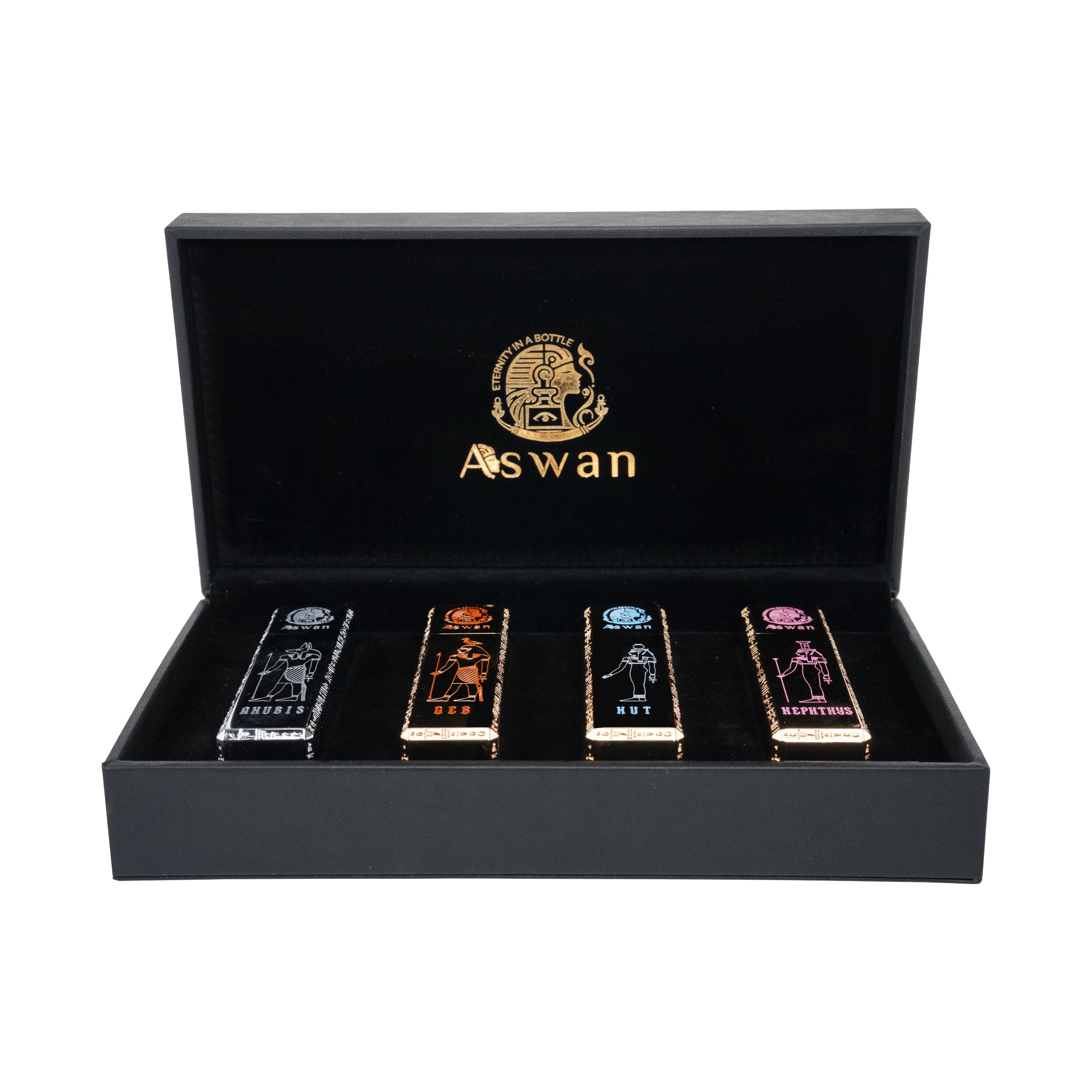 Aswan Travel Set – Anubis • Geb • Nut • Nephthys (4×15ml)