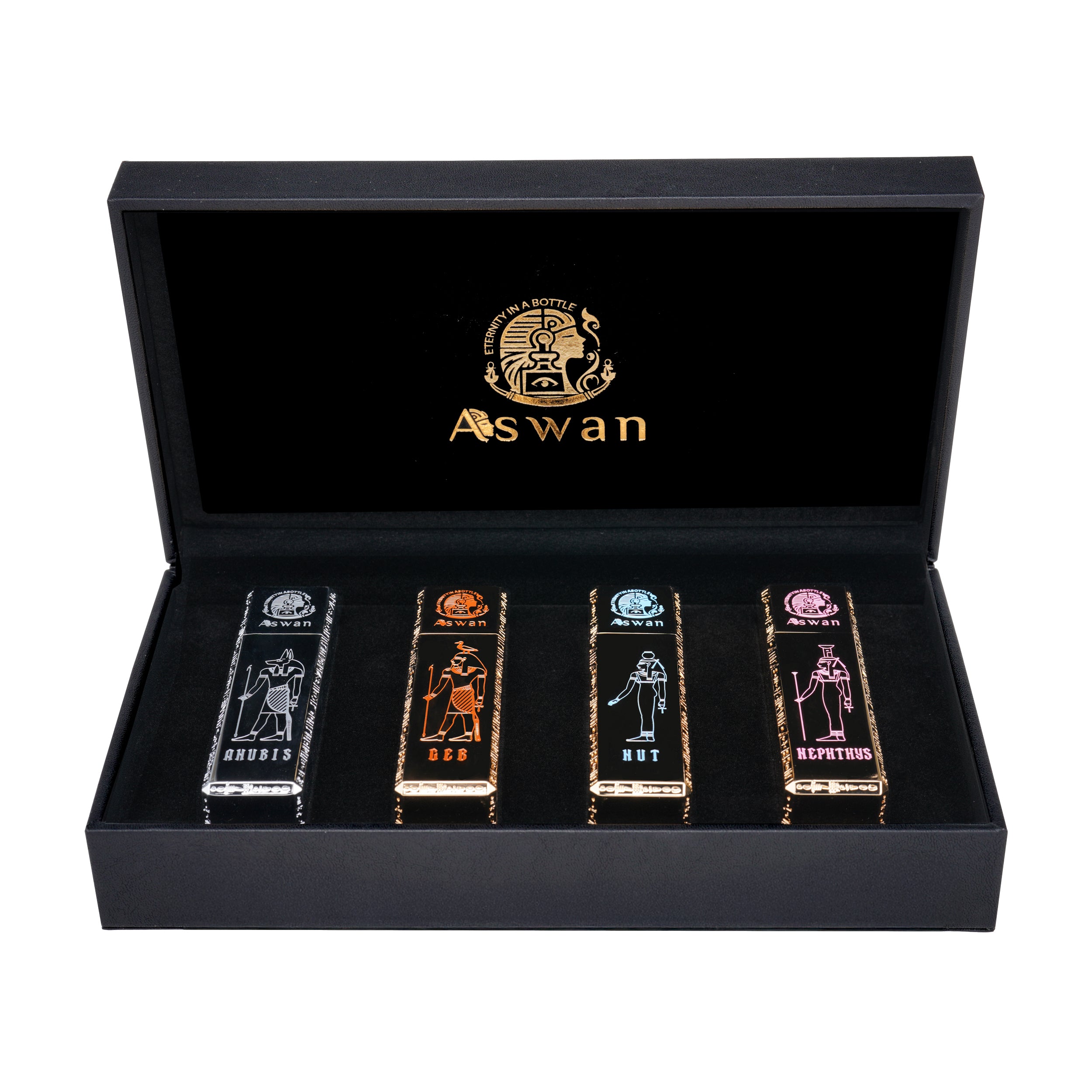 Aswan Travel Set – Anubis • Geb • Nut • Nephthys (4×15ml)