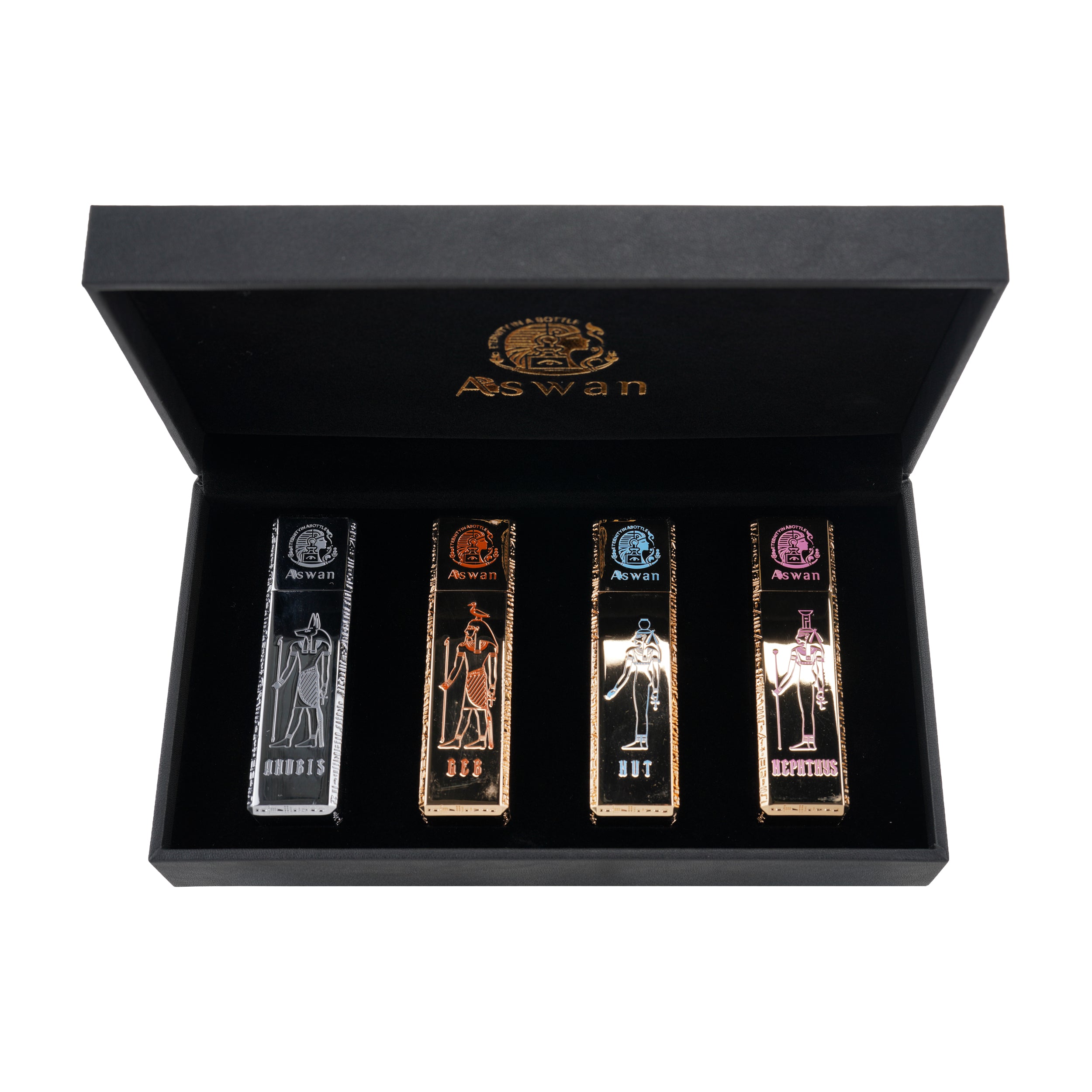 Aswan Travel Set – Anubis • Geb • Nut • Nephthys (4×15ml)